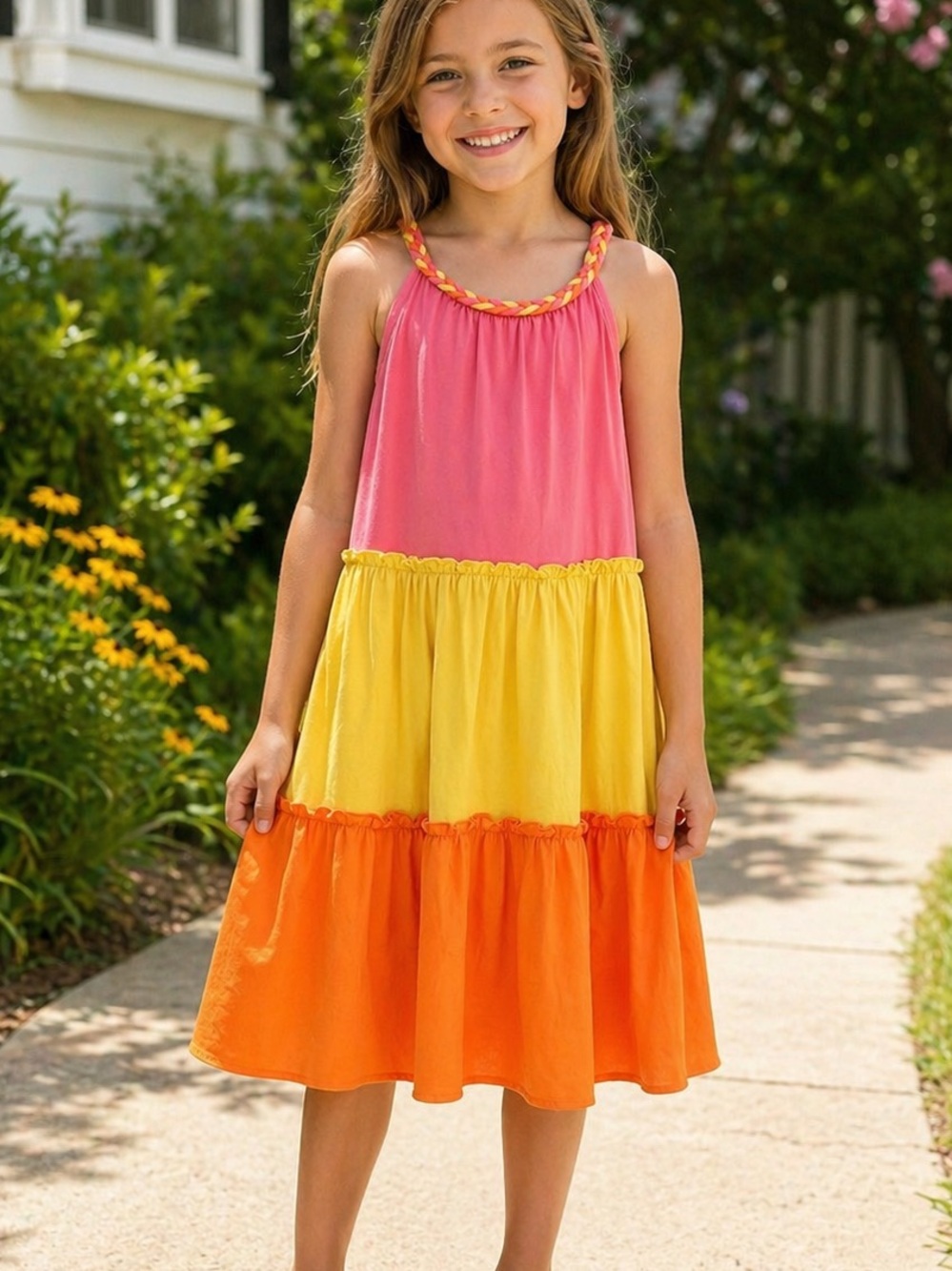 Zunie Girls Tiered Sundress- Pink, Yellow, and  Orange XL